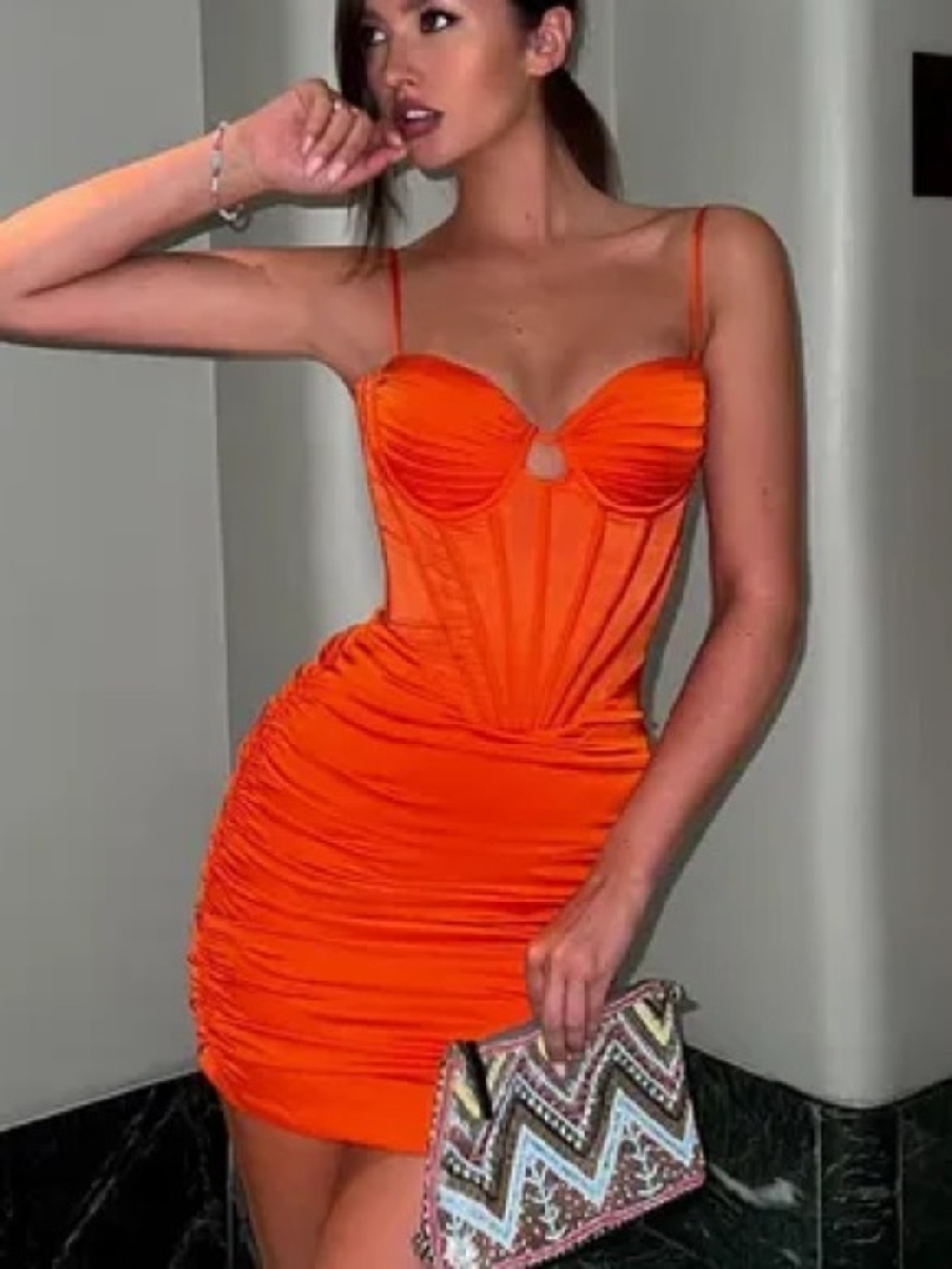 🔥 Viral Fiery Orange Ruched Bodycon Mini Dress w. Bust Detail Trendy Love Island
